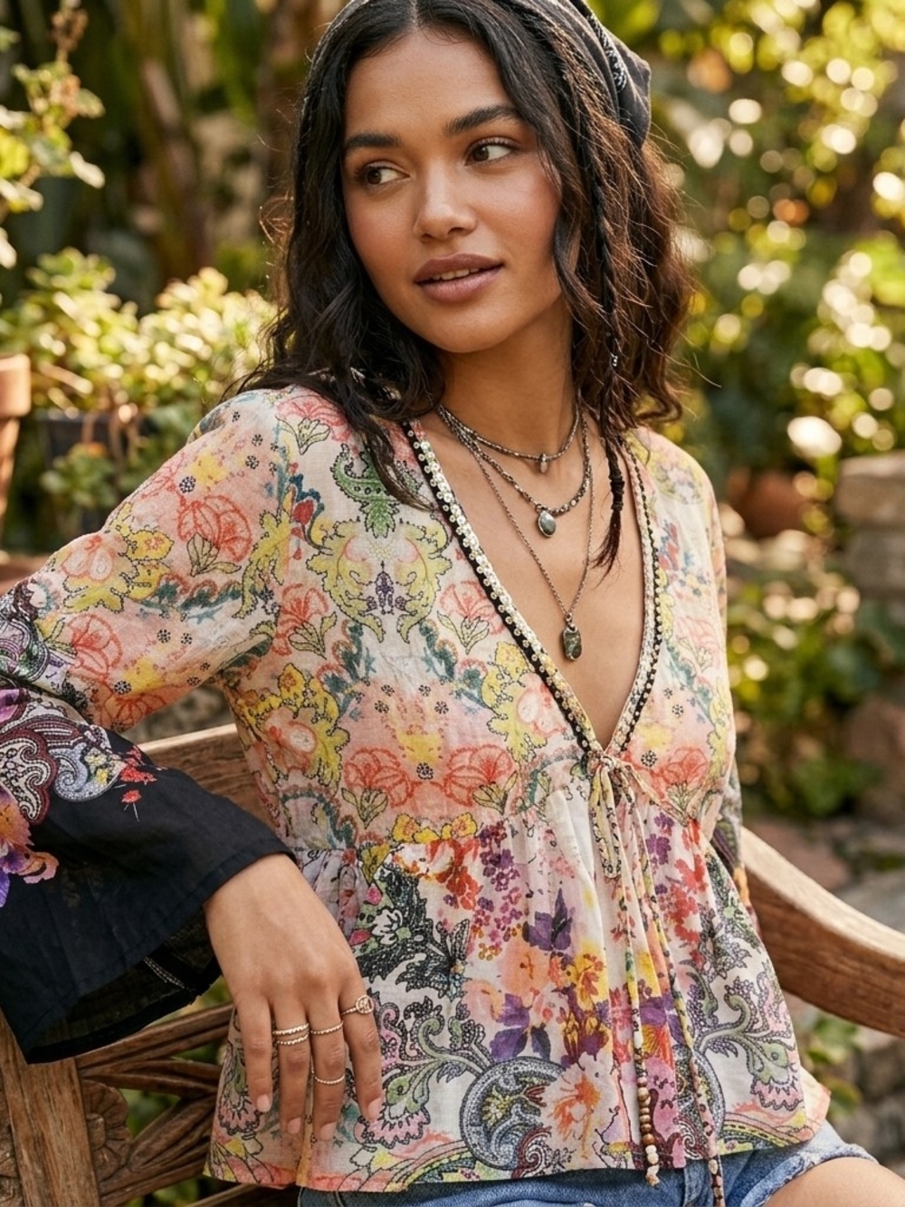 Natural Life Boho Floral Paisley Peplum Blouse S Cotton V-Neck Sequin Trim Bell